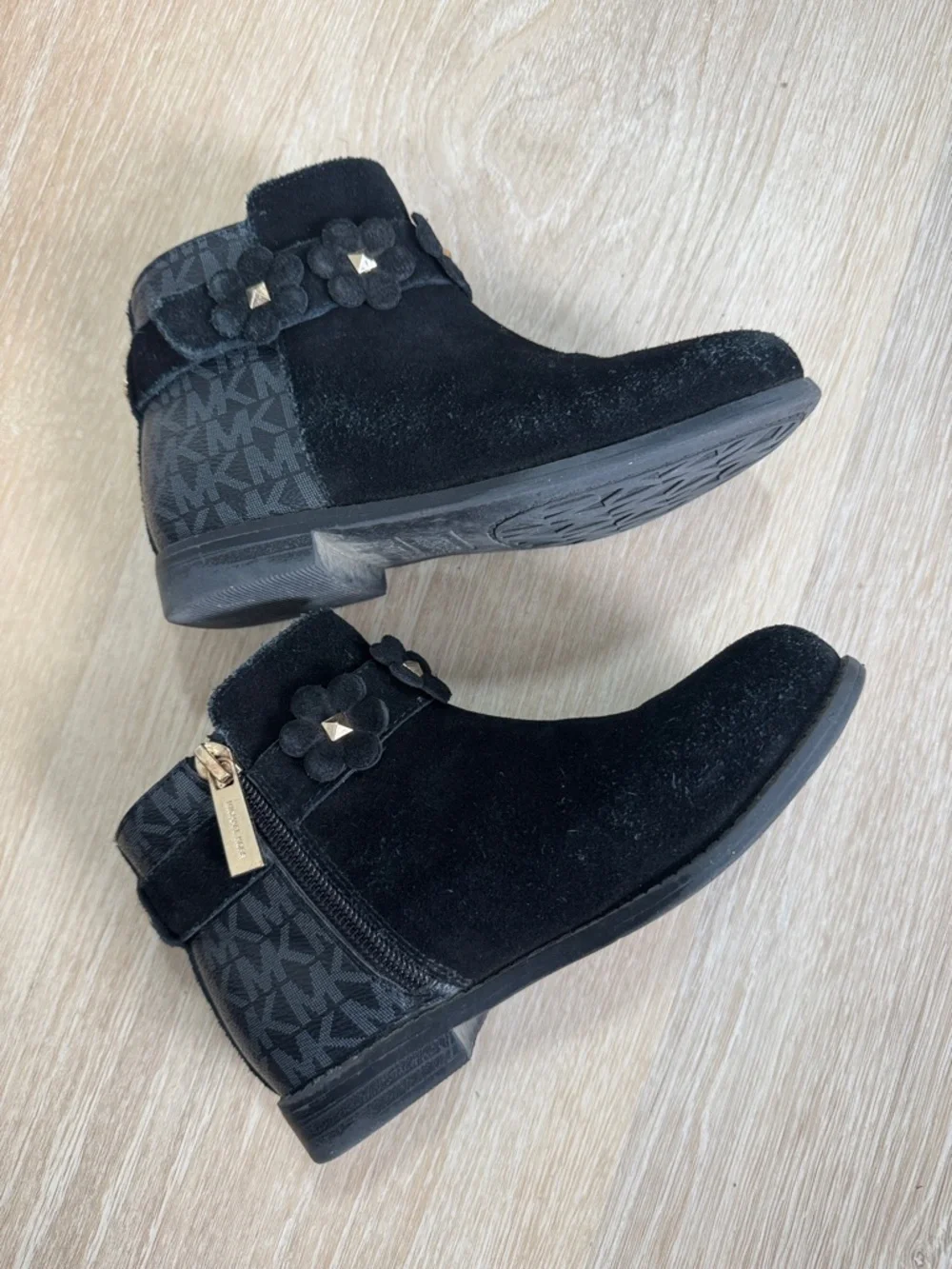 Michael Kors Black Suede Girls Ankle Boots with Flower Accent